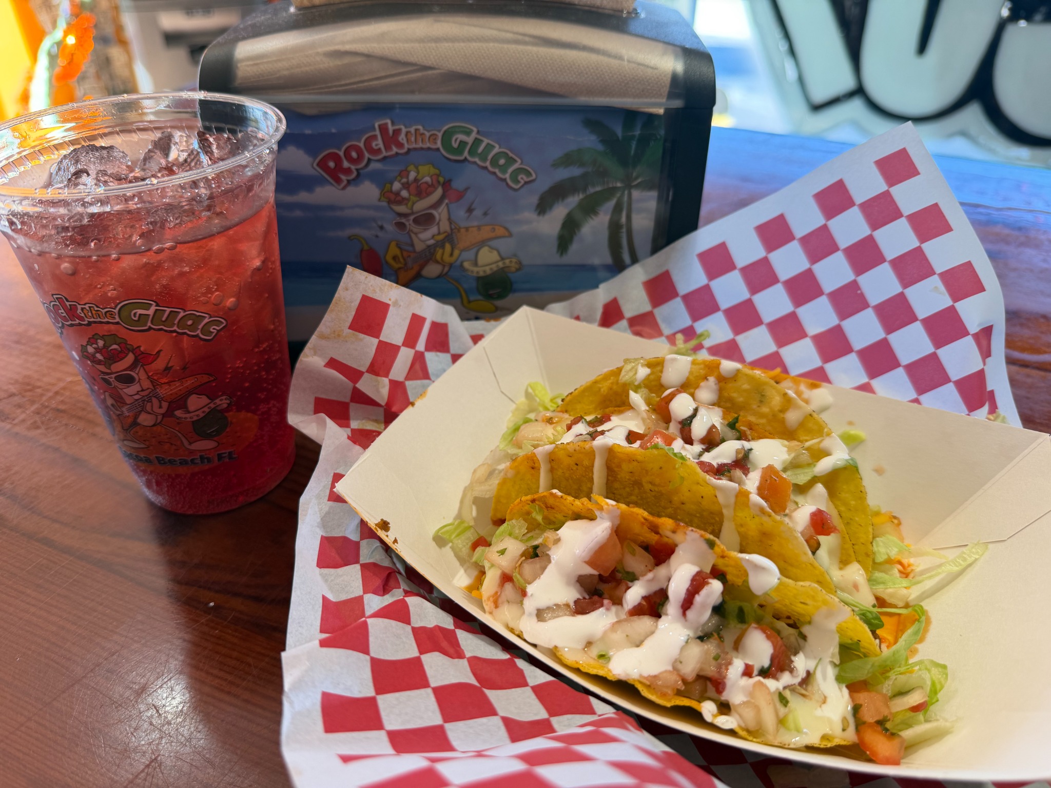 Tacos and a Rock the Guac drink from the original project